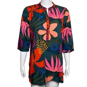 Maude Vivante Tunic Top Shirt Womens Size  L Floral V Neck 3/4 Sleeve Popover